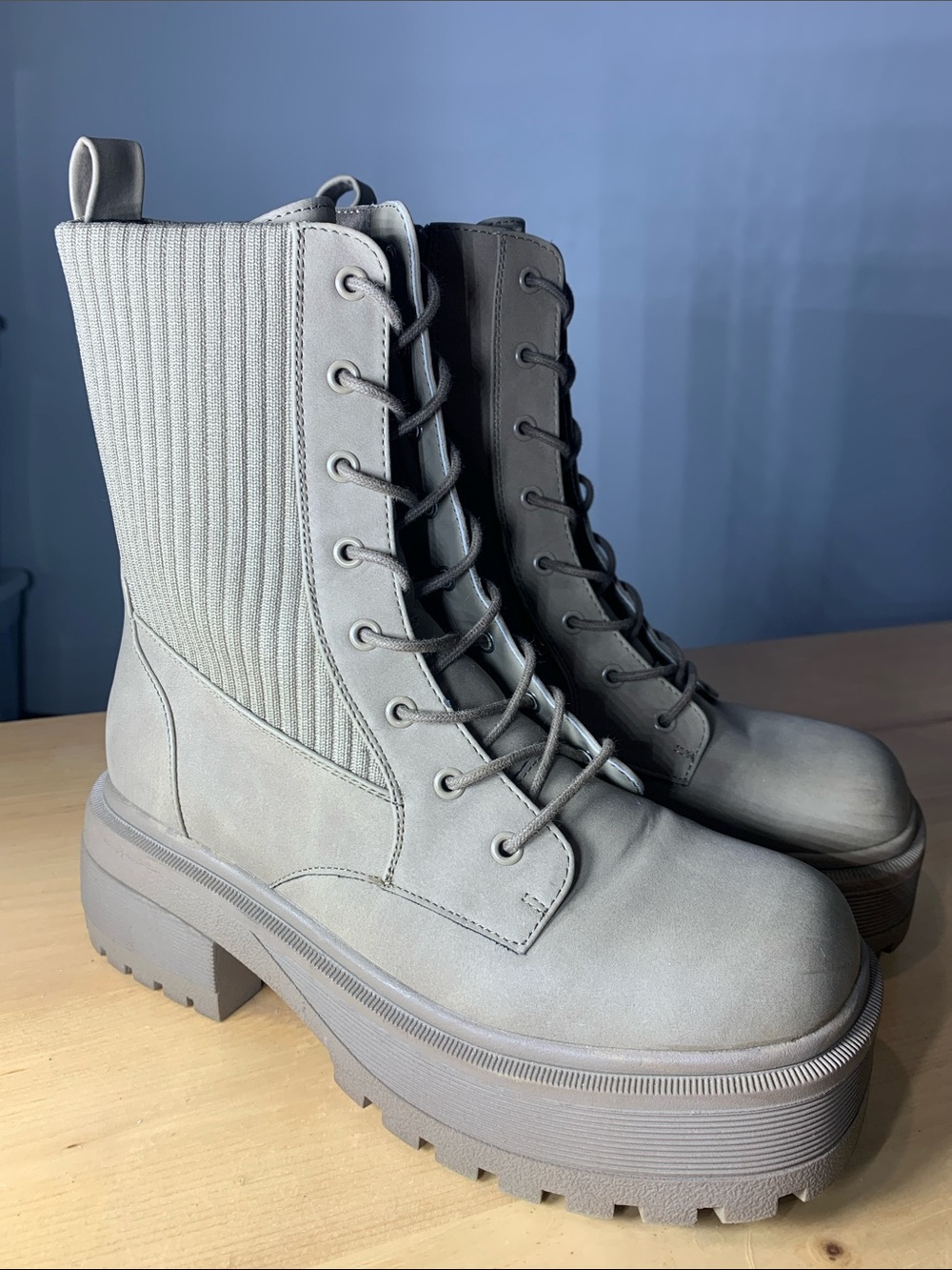 Call It Spring Ribbed Lace-Up Platform Boots - Gray